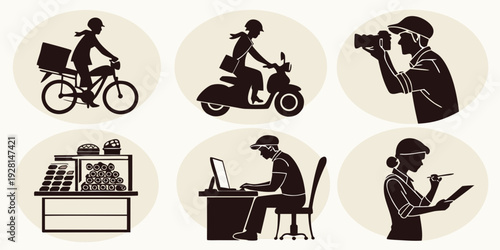 A collection of various transportation modes including bicycles, motorcycles, and a car Vector