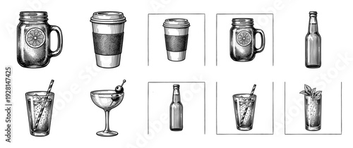 Collection of beverage containers and cocktails in a detailed vintage hand-drawn engraving style featuring jars, glasses, bottles, and takeaway cups.