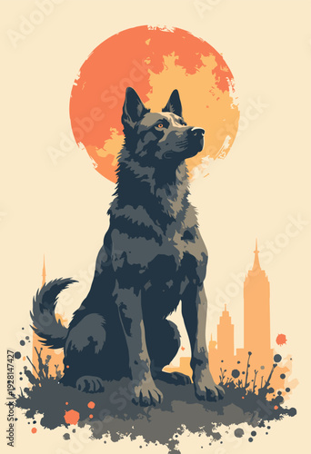 muddy dog standing heroic pose, rendered heavy, chiseled shading that makes it look like stone statue mud is stylized as black ink splatters Background is clean, solid cream color