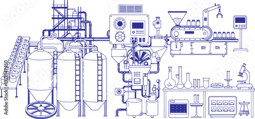 Pharma Manufacturing Factory Line Art Vector Showing Pharmaceutical Machines, Laboratory Instruments, Drug Production Process, Medical Industry Automation and Chemical Engineering System