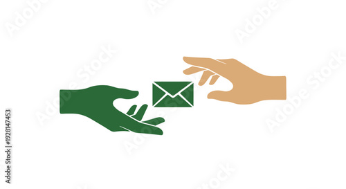 Hands passing green letter envelope.