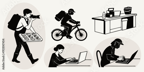 A diverse collection of people engaged in various activities and using different tools. Vector