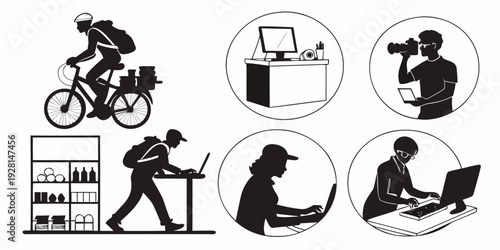 Illustrations of various activities and objects in a circular format Vector