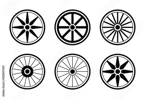 A vector of six different wheel designs arranged in two rows for use in digital or print applications
