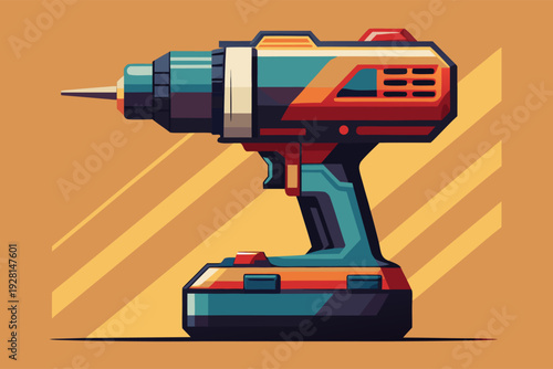 Colorful cartoon cordless drill on orange background with bold shadows and geometric design elements
