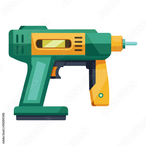 Electric cordless power drill with green and yellow design and blue bit for diy construction projects