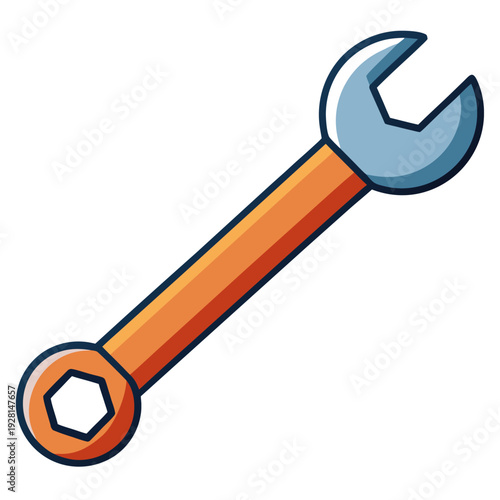 Detailed cartoon wrench illustration with orange handle and metal head for creative design and educational use