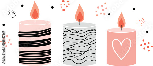 Decorative candle vector illustration set with modern scented candles for spa, relaxation, and cozy home decor design