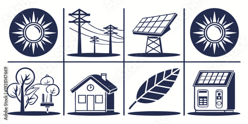 A collection of icons representing various sources of renewable energy. Vector