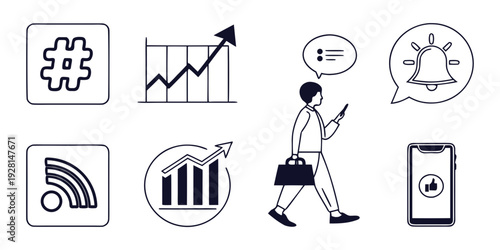 Woman overwhelmed by numerous icons representing data analysis and communication. Vector