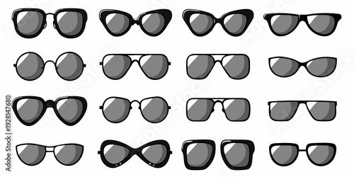 Collection of various sunglasses styles arranged in a grid pattern
