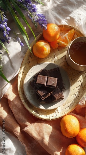 Wallpaper Mural Dark chocolate squares with fresh oranges and cup of tea on bamboo tray over soft fabric with purple spring flowers in sunlight, cozy slow morning breakfast concept Torontodigital.ca