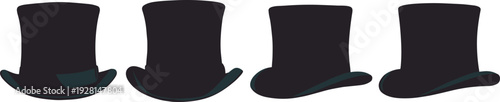 Black silhouette icons of top hats in sequence showing brim variations, representing fashion, style evolution, vintage design, costume accessory, and classic headwear illustration.