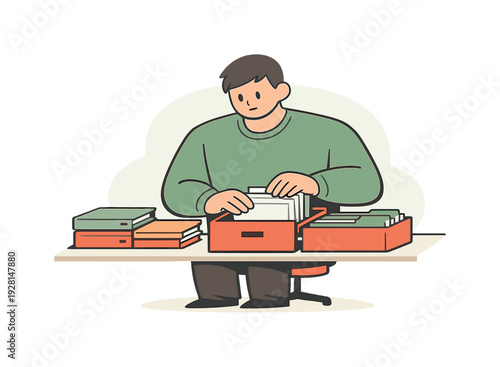 Fresh person files documents into folders at a desk, aligning papers carefully as drawers slide and stacks stay neat. | filing