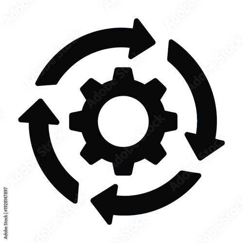 Dynamic gear illustration surrounded by continuous circular arrows emphasizing process optimization and workflow efficiency in modern design