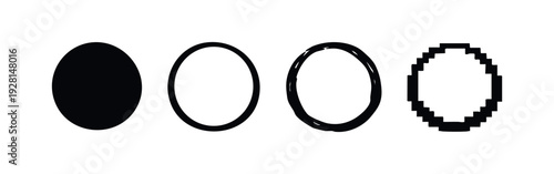 Set of abstract oval shape icons in various styles: solid, outline, hand-drawn, and pixel art.