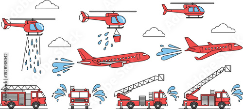 Firefighting rescue vehicles and helicopter vector set with emergency plane, fire trucks, and water drop operations
