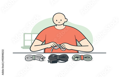 Light person sorts and coils cables on a desk, ties aligned, charger looped, tidy bundles resting evenly near window light today.