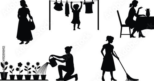 Silhouettes of women performing household chores and gardening in black and white