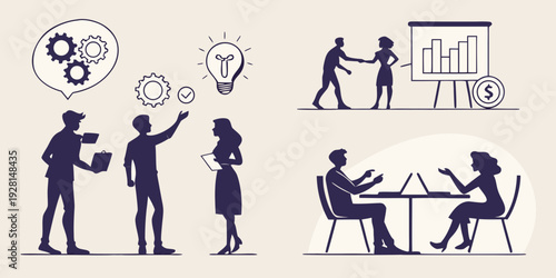Illustration of diverse professionals engaging in various business activities. Vector