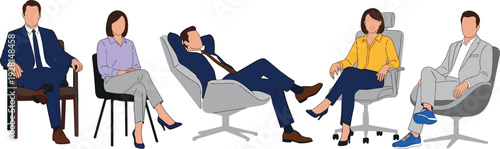 Professional business team seated in diverse office chairs, workplace meeting concept, ergonomic furniture variety, corporate collaboration, modern interior, flat vector illustration