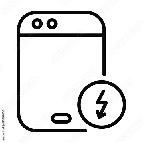Minimalist smartphone icon displaying a charging symbol with a lightning bolt and downward arrow for modern tech illustrations and app design concepts