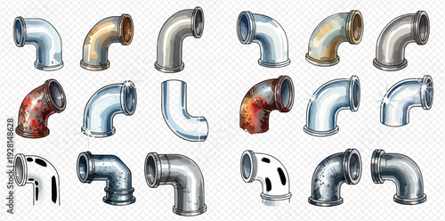 Set of metal pipe elbow joints with various textures and conditions on a transparent background.