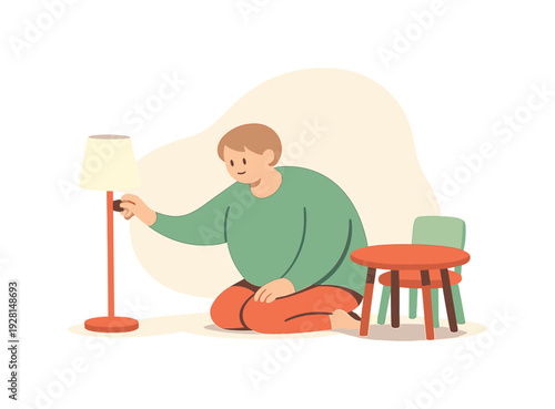 Soft person kneels beside a lamp adjusting brightness as shadows soften around a small table and chair. | dimming lights evening,