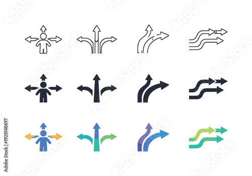 Icon object one for unrestricted motion, icon object two for open pathways, icon object three for flexible direction, and icon