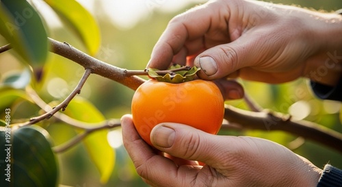 Hands carefully plucking a ripe orange persimmon fruit from the tree branch in a lush green orchard