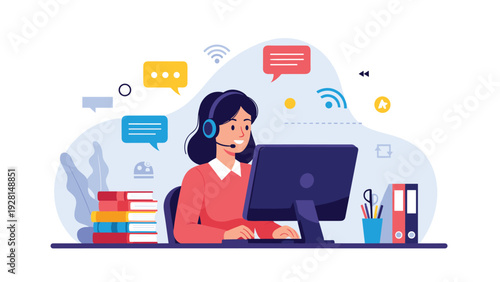 Friendly customer support woman wearing a headset and working at her computer with digital communication icons in the background.