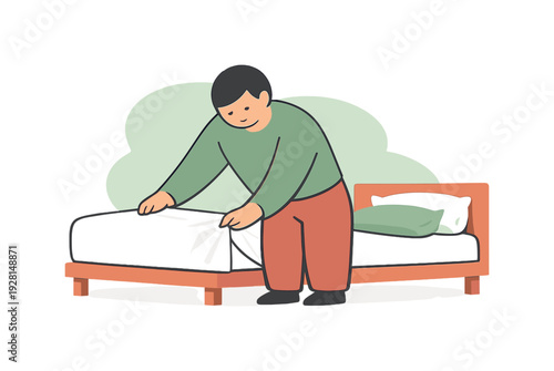 Calm person smooths sheets over a mattress, tucking corners while pillows wait nearby on a simple bed frame calm morning light!!!