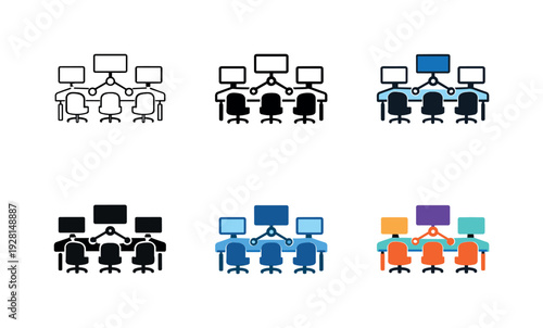 Shared office environment symbol illustrating a group work area with connected desks and screens representing teamwork and