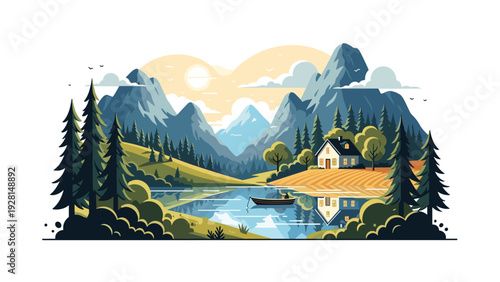 Picturesque landscape featuring a small house by a reflective lake with a fisherman in a boat and heart shaped hills.