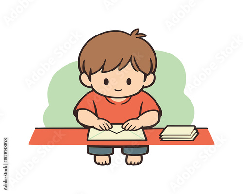 Child Sealing Envelope. Small child seals an envelope carefully at a table, pressing the flap flat while papers wait nearby in