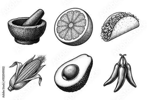 Mexican cuisine ingredients and cooking tools collection featuring a taco avocado chili peppers corn lime and molcajete in a vintage woodcut engraving style