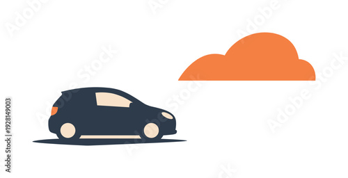 Minimalist dark blue car driving past an orange cloud on a light beige background