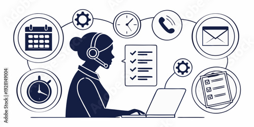A woman juggling multiple tasks and responsibilities in a busy work environment. Vector