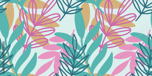 Seamless pattern with colorful tropical leaves and flowers. Decorative botanical repeat design for textile, wallpaper, wrapping paper and summer prints