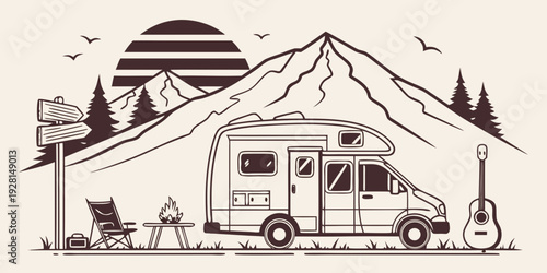 A family enjoying a camping trip in the mountains with their caravan and tent Vector