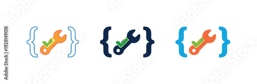 Release cleanup scenario featuring a code bracket symbol with a tiny repair tick, identical geometry repeated in a horizontal