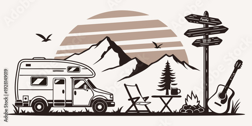 A scenic view of a campervan parked near a beach with palm trees. Vector