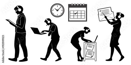 Illustration of people engaged in various activities at work Vector