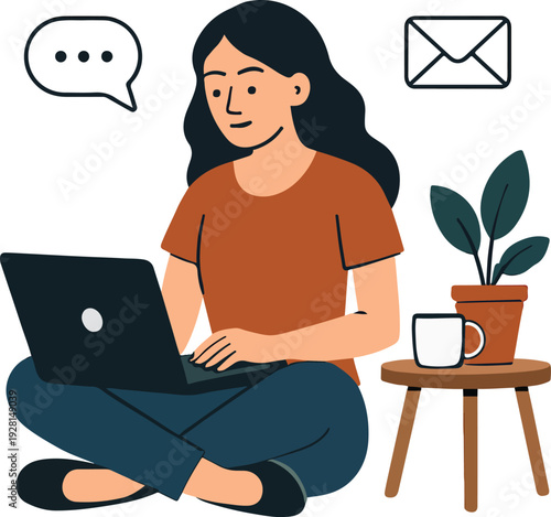 Flat Vector Illustration of a Woman Working Remotely