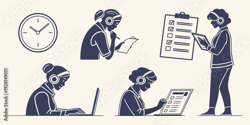 Diverse individuals engaged in various professional activities and tasks. Vector