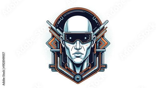 Futuristic cyberpunk character portrait of a man with high tech goggles enclosed in a complex geometric frame.