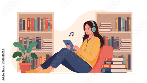 Young woman wearing headphones and using a tablet while sitting comfortably on a beanbag in a cozy library.