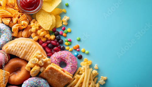 Assortment of colorful processed junk foods creating unhealthy dietary warning display
