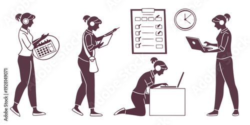 Illustrations of people engaged in various activities throughout the day Vector