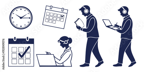 Busy office workers managing time and tasks with various tools and devices. Vector